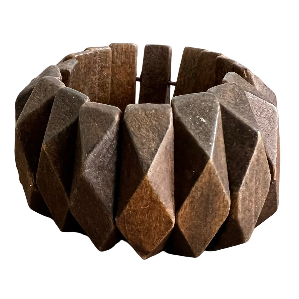 Geometric elastic brown wood chunky funky earthy cuff stretch bracelet